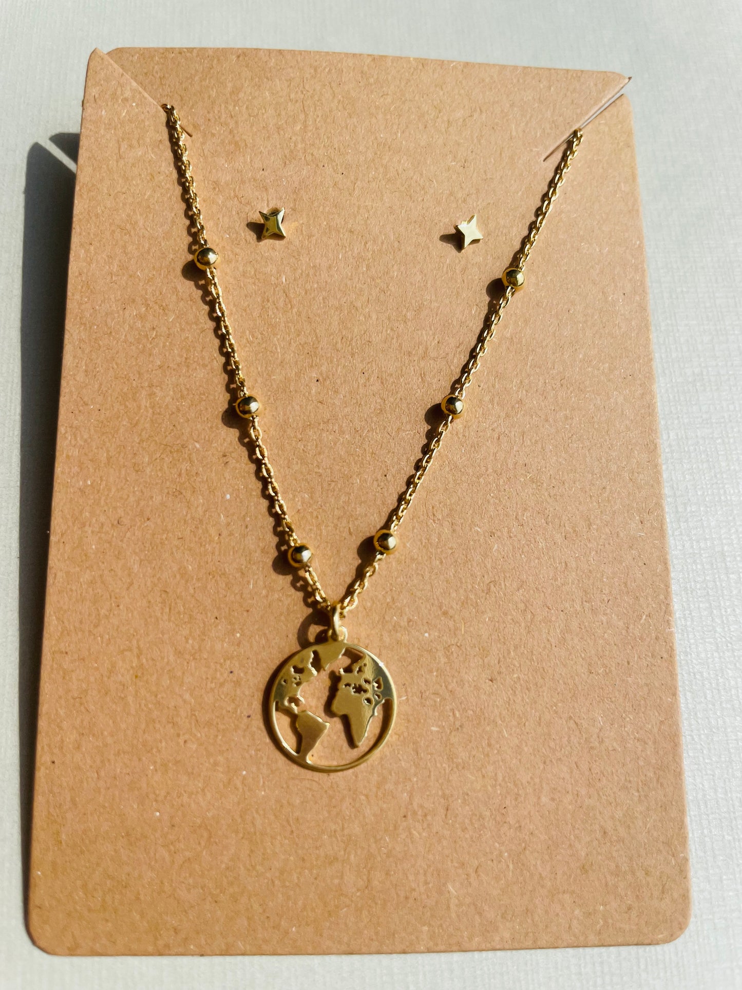 Pulsera en plata de ley. MAPA MUNDI. con Mini Aros estrella (Baño de oro)